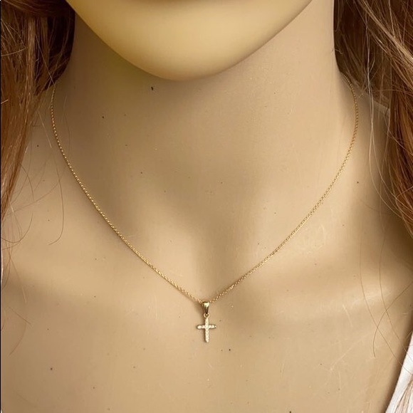 14k Solid Gold Mini Diamond Cross Pendant - Picture 8 of 10